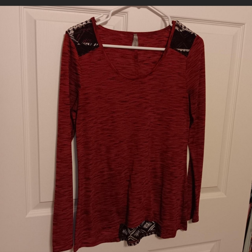 Vanity, red long sleeve t-shirt with decorative back